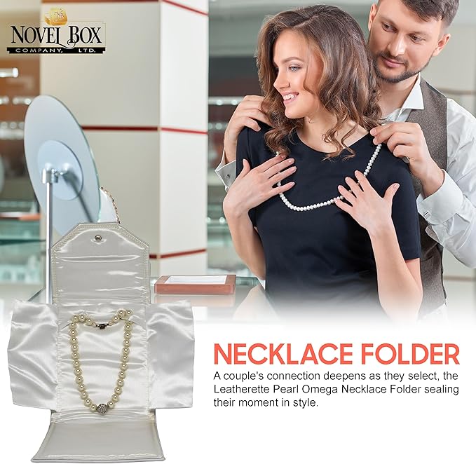Novel Box Necklace Display Pearl Folder 7x5 inch Small Travel Jewelry Case - Wedding Jewelry Storage Holder with Smooth Finish - Jewelry Organizer Necklace Box - White/White Stitched