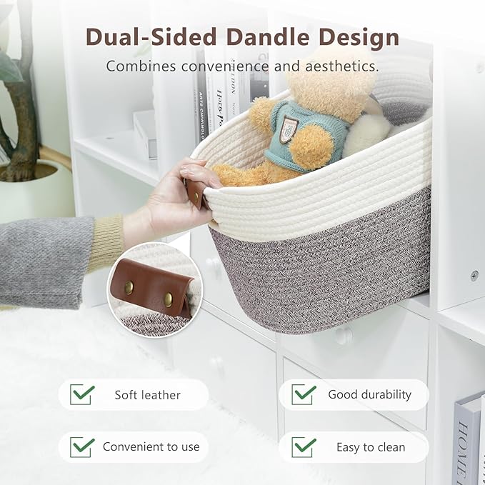 ECDYQXVU Cotton Rope Basket, Storage Baskets with Handle, 15x10x9 Inch Woven Basket for Shelves, Laundry, Towels, Clothes, Books (White Brown 3 Pack)