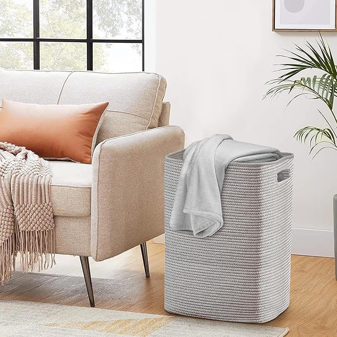 MEGASKET Large Laundry Hamper 16"x13"x22" - Tall Woven Laundry Basket, Cotton Rope Dirty Clothes Hamper, Baby Kids Nursery Wicker Laundry Basket, Bedroom Aesthetic, Soft Laundry Bin, Gray Hamper, 75L