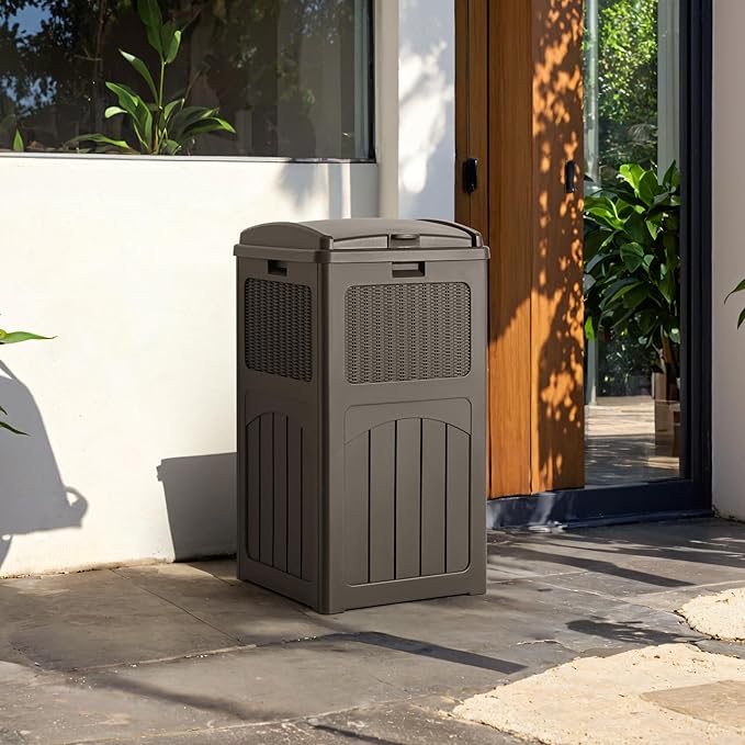 Devoko 33 Gallon Outdoor Trash Can, Hideaway Garbage Bins with Tiered Lid, Waterproof Resin Outside Waste Bins for Patio, Outside Pool, Backyard and Deck(1, Deep Brown)