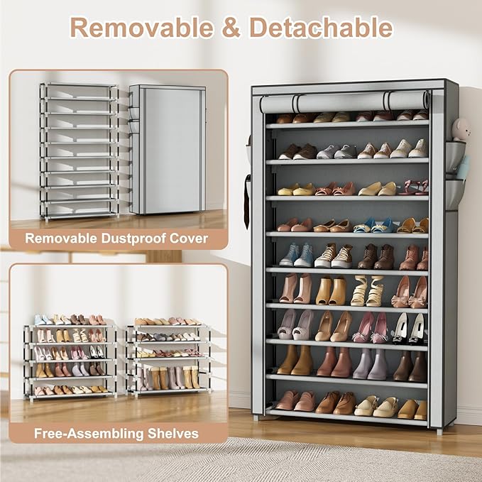 VILICK Shoe Rack with Cover Narrow Shoe Organizer with Pockets 10 Tier Tall Shoe Storage Holds 36-41 Pairs Shoes and Boots Shoe Rack for Closet Entryway Garage, Grey