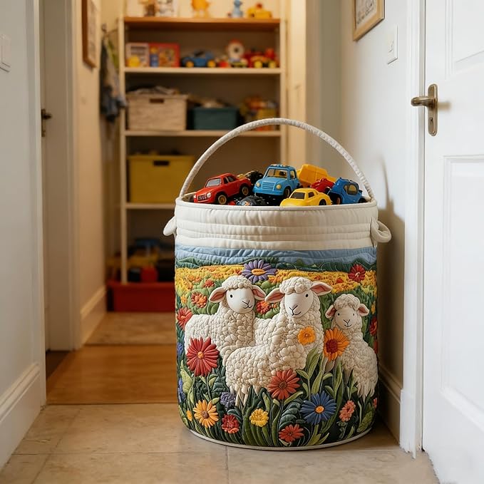 Quilted Laundry Basket with Handles, Boho Floral Fabric Storage Hamper, Large Soft Quilted Laundry Basket for Nursery, Bedroom, Laundry Room,Clothes & Toys (G, L)