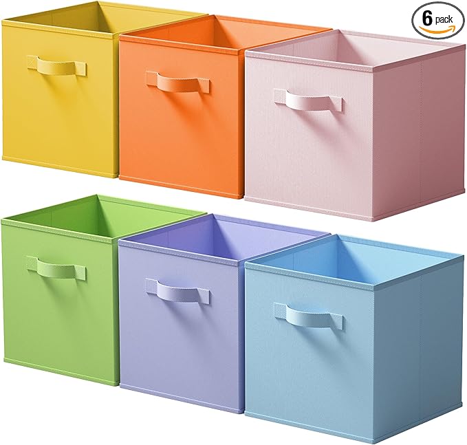 Cupic Cupid 13 Inch Storage Cube, Fabric Cube Storage Bin with Handles, Storage Cube Organizer for Clothes and Toys, Collapsible Cube Bins for Closet, Shelves, Nursery, 6-Pack, Pastel Colors