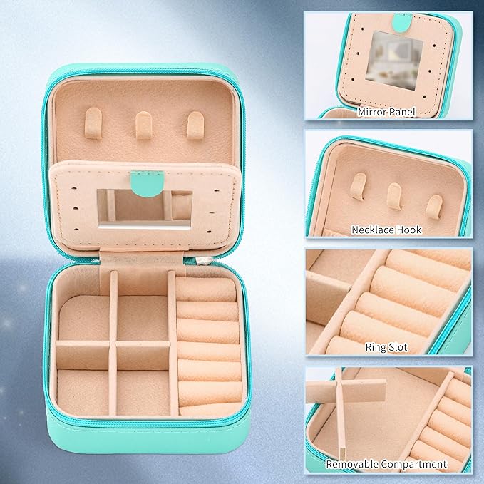 Neveika Jewelry Box with Mirror,Small Jewelry Organizer Box，Travel Jewelry Case for Women，Gift Jewelry Boxes for Female Girls (2pcs mirror blue)