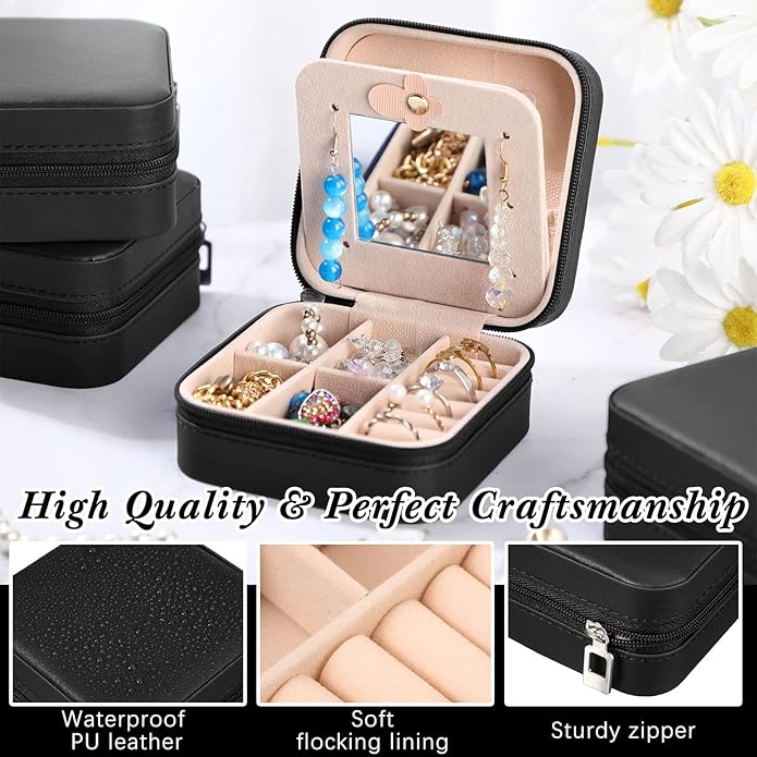 Hillban Bridesmaid Gifts Jewelry Box with Mirror, PU Leather Small Travel Jewelry Case Organizer Storage for Women Girls