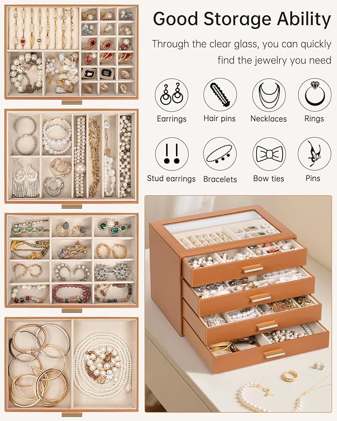 AKOZLIN Jewelry Box with Clear Lid Functional Leather Jewelry Storage Organizer Case 4 Drawers for Women Girls Necklace Ring Bracelet Earring Orange