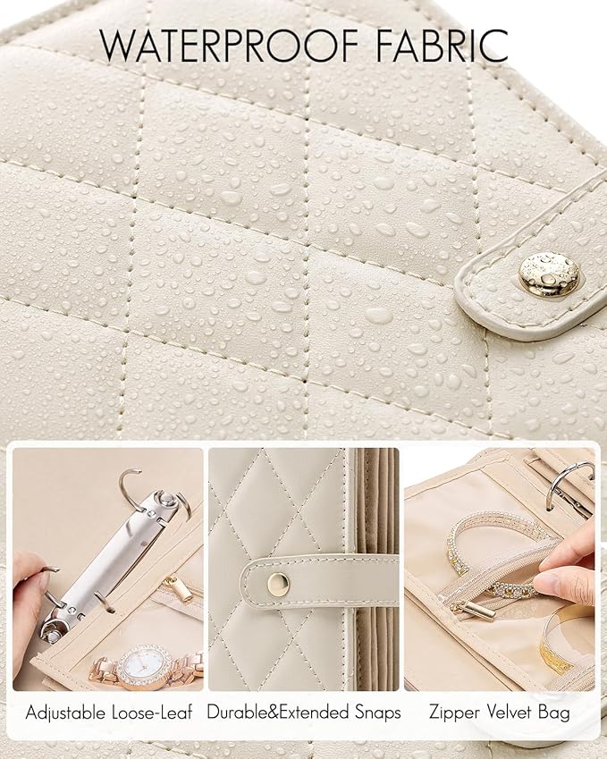 VLANDO Travel Jewelry Organizer Case,Large Jewelry Storage Book Ring Binder with Clear Zipper Velvet Jewelry Pouches Bags for Rings,Bracelet,Earrings-Cream White