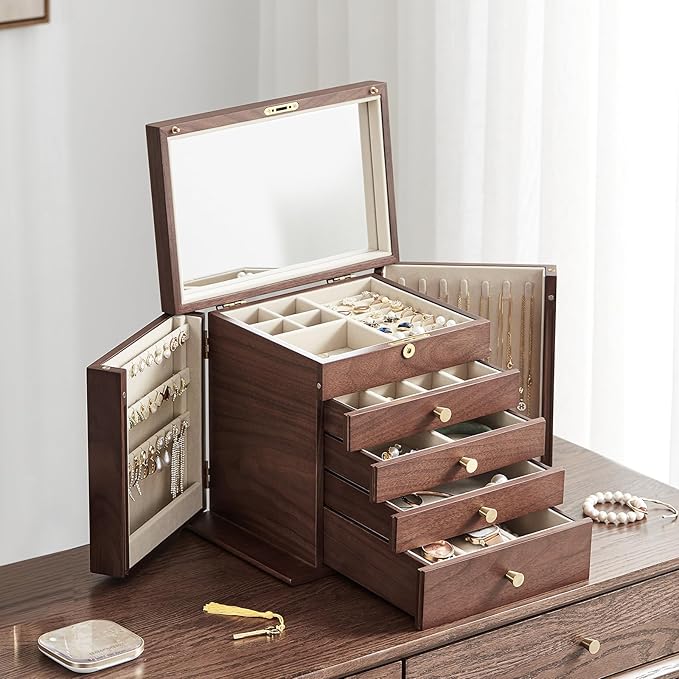 CHOSIN Black Walnut Wooden Jewelry Box for Women with Mirror, 5 Drawers and 2 Side Doors for Watches, Necklaces, Rings, Earrings Storage, Mothers Day Gifts for Mom