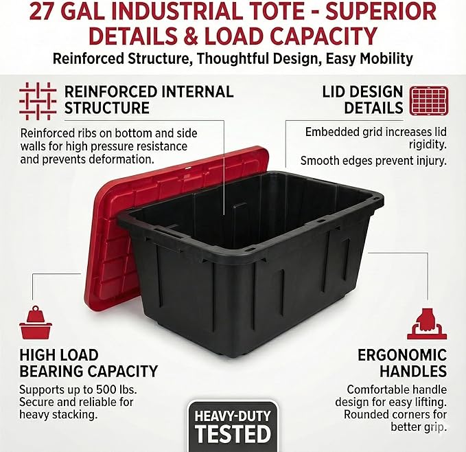 27 Gal Industrial Tote,2 Pack Plastic Storage Bins with Lids Tough Large Storage Bin,Black with Red Lid Plastic Storage,Stackable & Nestable for Garage, Basement, or Outdoor (2 Pack)