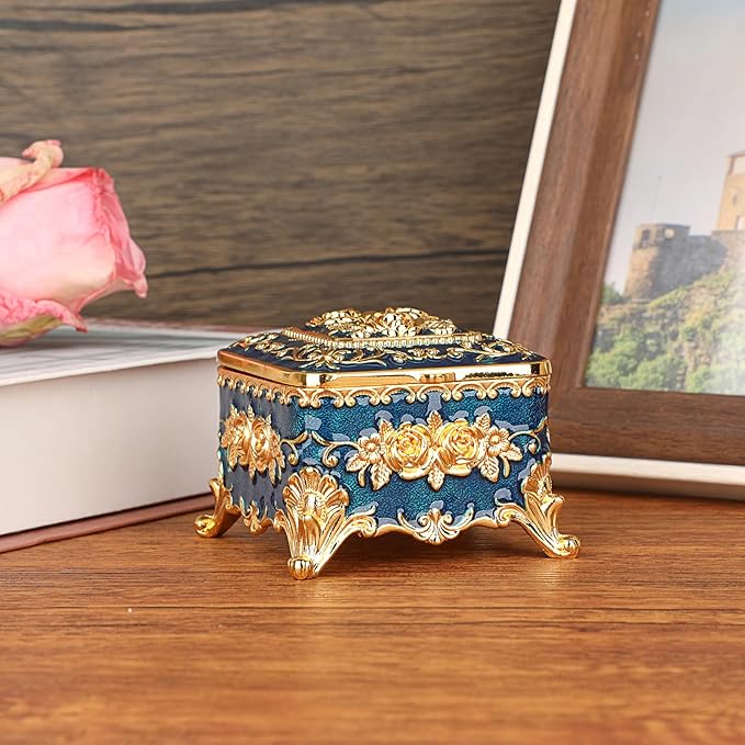 Hipiwe Vintage Metal Jewelry Box - Small Trinket Organizer Ring Box Case with Rose Pattern, Jewelry Storage Box for Ring Earrings Necklace, Keepsake Box for Women, 3"x3"x2.4"