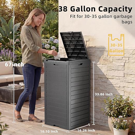 EFU 38 Gallon Outdoor Trash Can with Lid & Drip Tray, Waterproof Garbage Can for Patio Backyard Deck Porch, Heavy Duty Waste Container Bin，Black