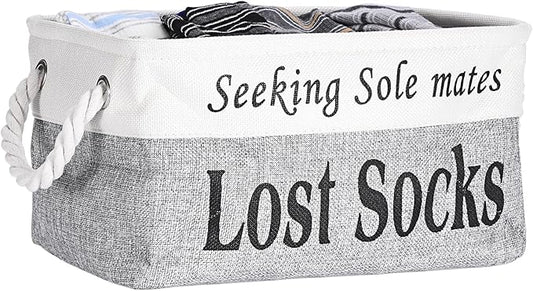 Lost Socks Basket for Laundry Room, Fabric Missing Sock Holder for Single Sock Organization, Collapsible Lost Socks Bin Stockings Container, Farmhouse Laundry Room Decor and Accessories