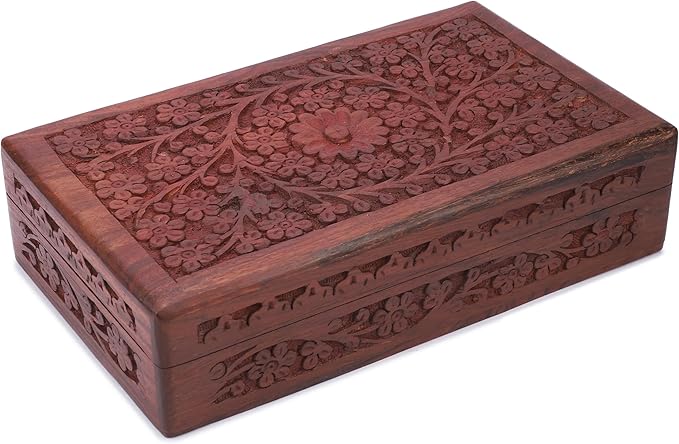 Ajuny Wooden Handcarved Decorative Jewelry Storage Box Flower Design Multipurpose Treasure Chest Keepsake Organizer Necklaces Watch Boxes Great for Gifts 10x6 Inch