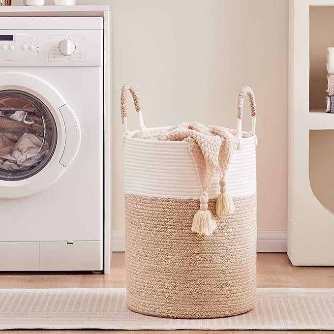 60L Laundry Hamper Basket Tall Woven Cotton Rope Clothes Hamper for Baby Girls Nursery Kids Blanket Basket in Living Room Bathroom Bedroom Brown 15Dx20H Inches Large