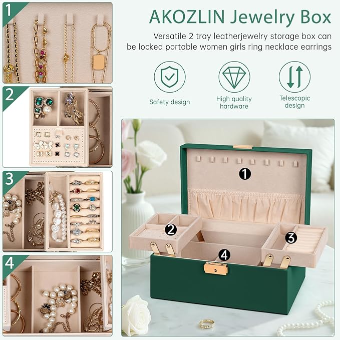 AKOZLIN Travel Jewelry Box Organizer Functional 2-trays Leather Jewelry Storage Case with Lockable Portable for Women Girls Ring Necklace Earring Bracelet