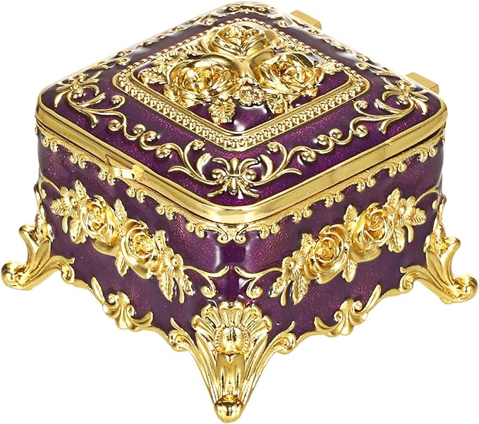Hipiwe Vintage Jewelry Box Small Trinket Storage Organizer Box Gold Metal Chest Ring Case Treasure Chest Square Keepsake Boxes for Earrings Necklace Gift for Women,Purple