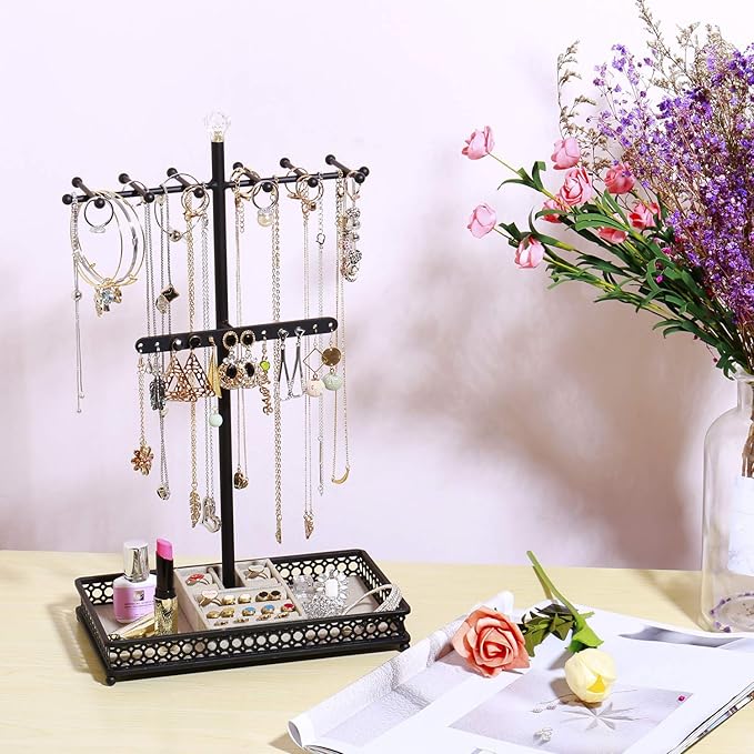 Meangood Jewelry Organizer Stand, 15.6" H Jewelry Tree Display Holder Stand for Bracelets Necklaces Earrings Rings, Gift for Women Girls (Black)