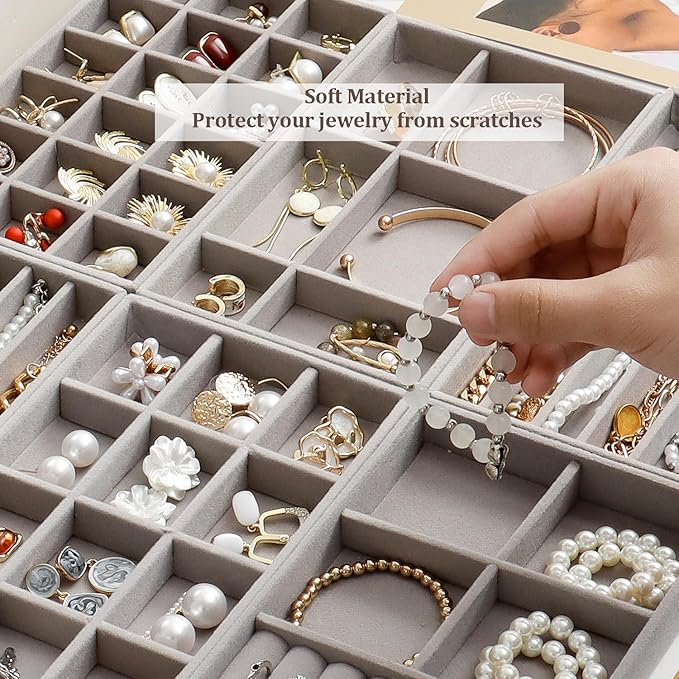 Stackable Jewelry Organizer Trays Set of 9, Small Velvet Jewelry Organizers Earring Necklace Ring Bracelet Display Case Storage for Drawer Dresser (Grey)