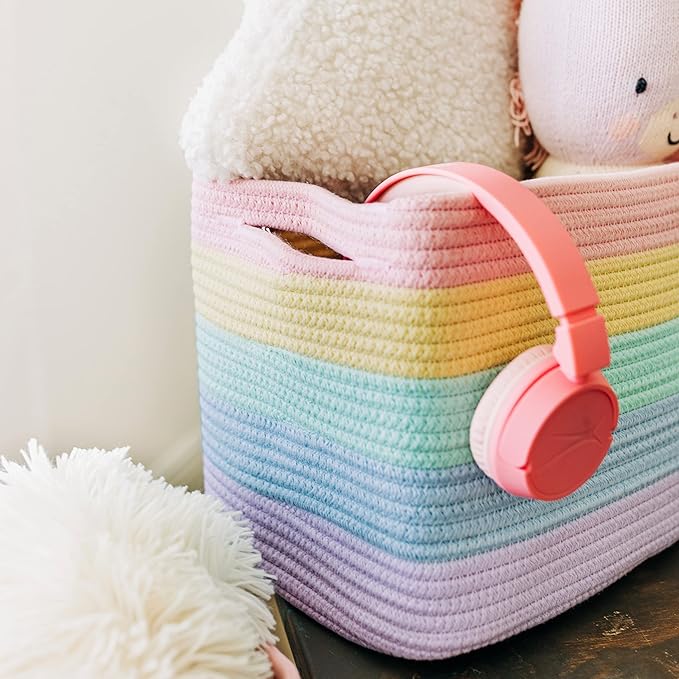 OrganiHaus Set of 3 Pastel Rainbow Baskets - Colorful Woven Storage Baskets for Playroom, Nursery & Classroom Decor, Toy Storage, 15x9x10