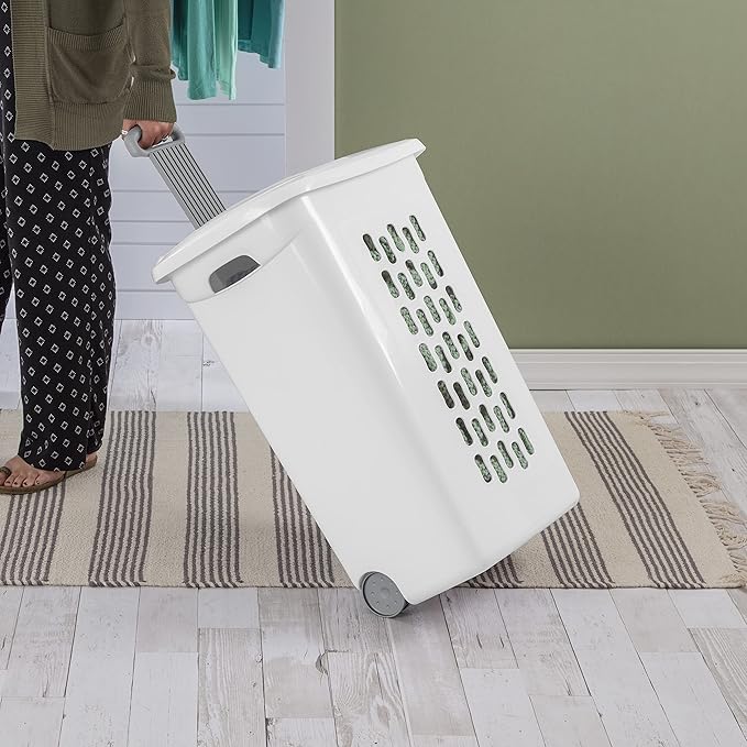 Sterilite 3 pack Ultra Wheeled Hamper, Laundry Basket w/Flip-Top Lid & Retractable Handle - Plastic Rolling Clothes Storage Cart with Ventilated Holes for Home, Apartment or Dorm