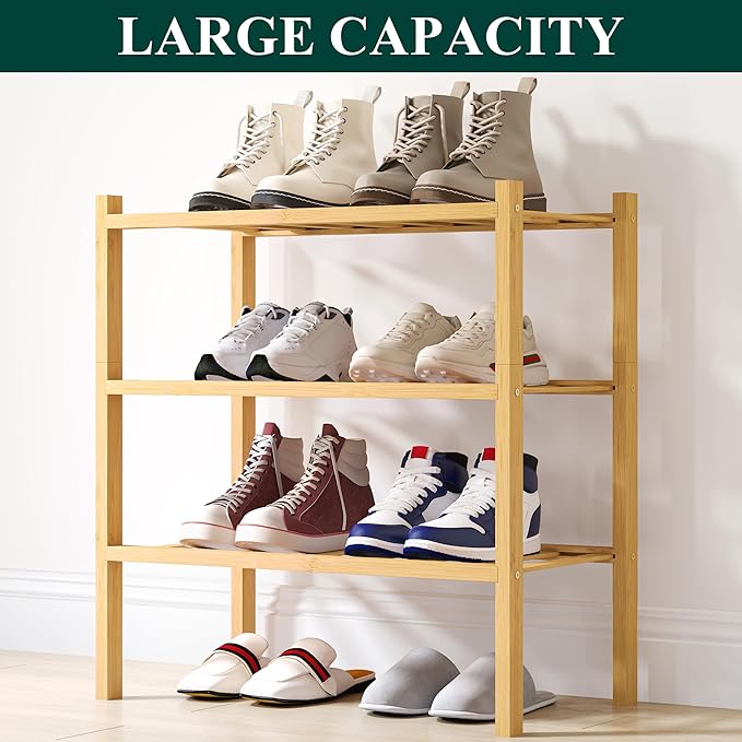 Smiry Shoe Rack, 3 Tier Small Bamboo Shoe Organizer, Stackable Free Standing Wooden Shoe Storage Shelf for Closet, Entryway, Front Door Entrance, Natural