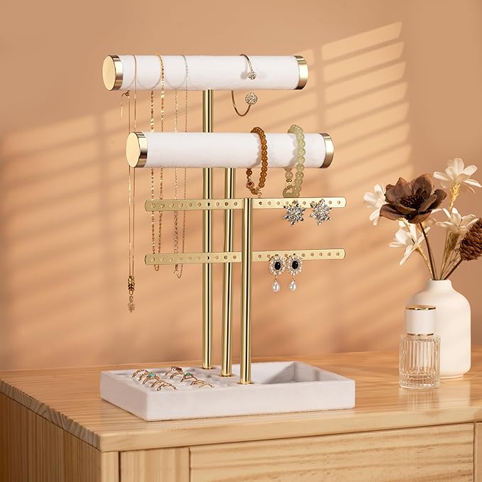 bussdis 3 Tier Bracelet Holder Display - Detachable T Bar White Velvet Bracelet Holder, Jewelry Holder Organizer for Bracelet, Necklace, Earrings, Rings
