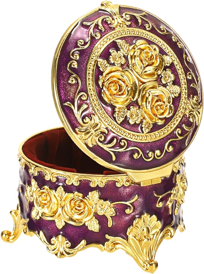 Hipiwe Vintage Jewelry Box Small Trinket Storage Organizer Box Gold Metal Chest Ring Case Treasure Chest Round Keepsake Boxes for Earrings Necklace Gift for Women,Purple