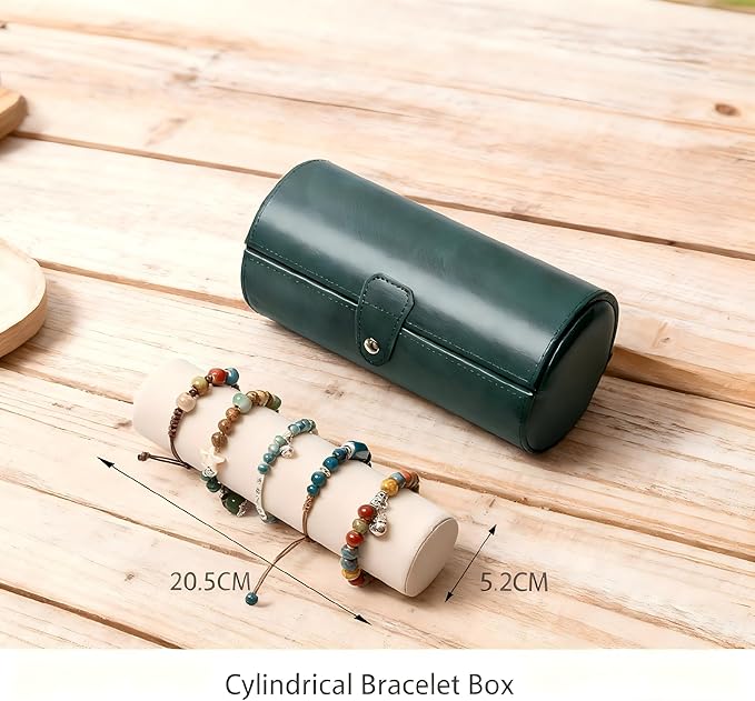Jewelry Box for Bracelets – Vintage Leather Cylindrical Bangle Box Large Capacity Organizer for Cuffs, Bead Bangles, Travel Storage Case