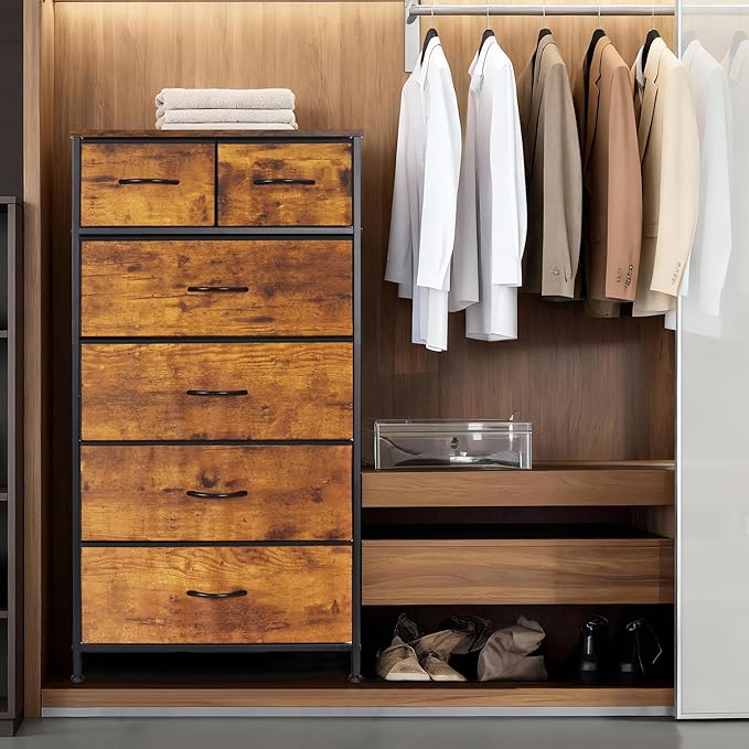 Mifuro Tall Dresser for Bedroom, Vertical Storage Organizer Tower with 6 Drawers, Chest of Drawers with Fabric Bins, Steel Frame, Wood Top for Bedroom, Closet, Entryway- Rustic Brown