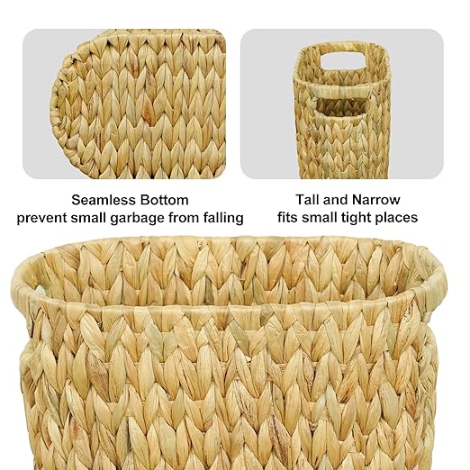 Coeusy Wicker Trash Can,Bathroom Trash Can,Water Hyacinth Wicker Waste Basket for Bathroom,Handwoven Narrow Small Waste Basket for Bedroom,Office,5 Gallon