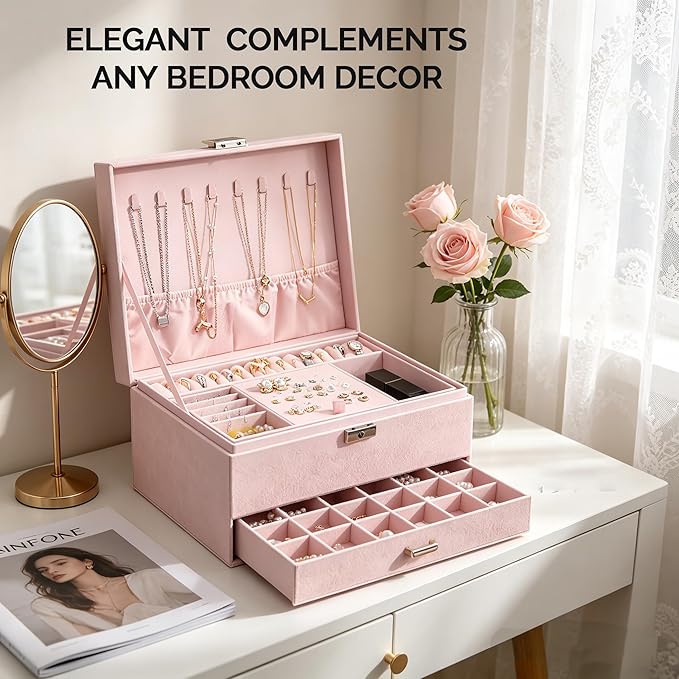 Jewelry Organizer Box for Women Girls, Jewelry Box 3-Tier Jewelry Display Case and Organizer,Lockable Jewelry Display Case Anti Tarnish,Varying Compartments for Necklaces, Bracelets, Rings