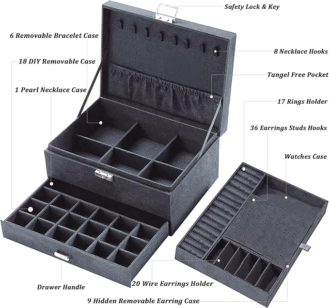 QBestry 3-Layer Jewelry Box for Women with Lock and Key & Drawer, Large Jewelry Organizer with 8 Necklace Hooks & 56 Earring Holes, Grey Velvet Jewelry Storage Box for Necklaces Earrings Ring Bracelet