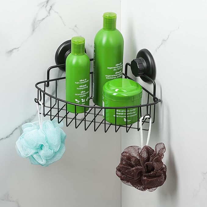 HASKO accessories Corner Shower Caddy with Suction Cup Shower Shelf with Hooks, Stainless Steel Bathroom Caddy, Wall Mounted Shower Basket for Bathroom, Adhesive 3M Stick Discs Included (Black)