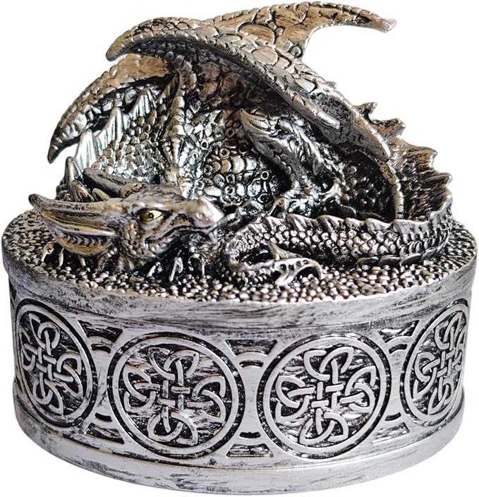 Dragon Statue Jewelry Box, Medieval Fantasy Myth Dragon With Cover Treasure Box, Dragon Statue Decoration Collection Gift Box. (Sliver)