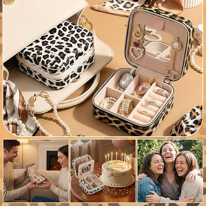 Nosiny 2 Pack Travel Jewelry Case with Mirror Small Laser Jewelry Box Organizer Gifts for Mother's Day Women Rings Earrings(Leopard Print)