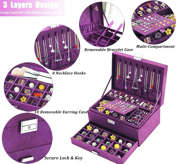 QBestry 3-Layer Jewelry Box for Women with Lock and Key & Drawer, Large Jewelry Organizer with 8 Necklace Hooks & 56 Earring Holes, Purple Velvet Jewelry Storage Box for Necklace Earring Ring Bracelet