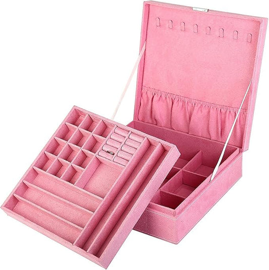 Two-Layer Jewelry Box Organizer Display Storage case with Lock (Pink)