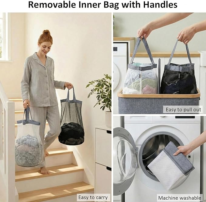 efluky Laundry Hamper with Lid, Double Laundry Hamper with 2 Removable Bags, 2 Section Laundry Basket with Bamboo Handles for Bathroom, Bedroom & Laundry Room, 140L (36.9 Gallon) Blue Grey