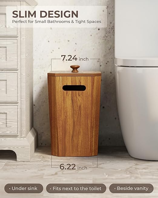 BLUEWEST 2.6 Gallons Acacia Wooden Wastebasket with Lid & PP Liner – Small Trash Can for Bathroom, Bedroom, Office – Decorative Wood Bin with Handle for Under Counter Use