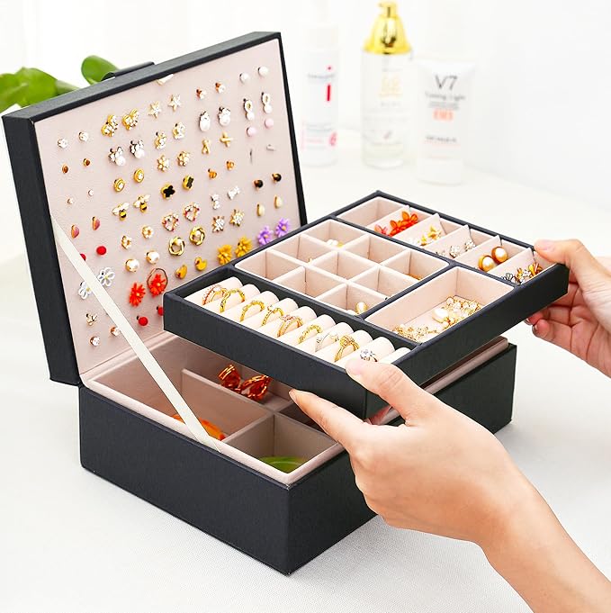 QBestry Womens Earrings Jewelry Box for Girls Jewelry Earring Organizer Box Earring Holder Organizer for Girls Jewelry Organizer Boxes for Women Girls Stud Earrings Organizers Jewelry Box Black