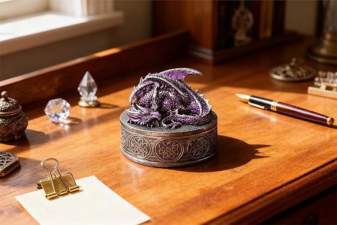 Dragon Statue Jewelry Box - Medieval Fantasy Myth with Cover Treasure Box, Dragon Statue Decoration Collection Gift Box (Purple)
