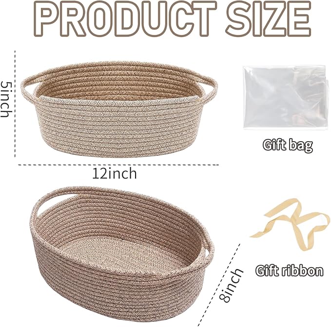 JMvicyroam Woven Basket,Small Rope Storage Bin with Handles & Ribbon Bag, Organizer for Shelves Closets,Gift Basket Empty for Birthday,Books,Dog Toys,Oatmeal/3 Pack