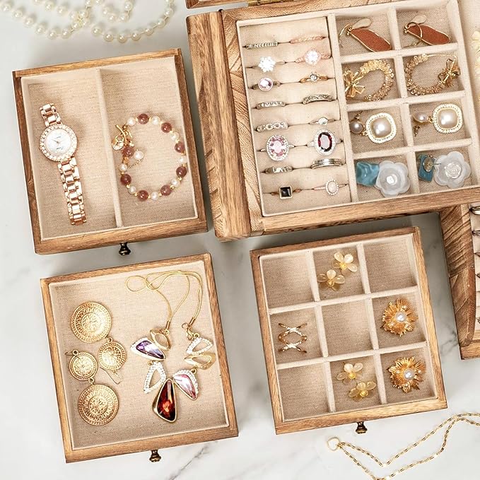 Poyilooo Jewelry Box Organizer, Solid Wood Jewelry Boxes fow Women with Mirror, Double Layer Jewelry Organizer Box Display Earring Necklace Bracelet Ring, Rustic Style Small Jewelry Box for Girls
