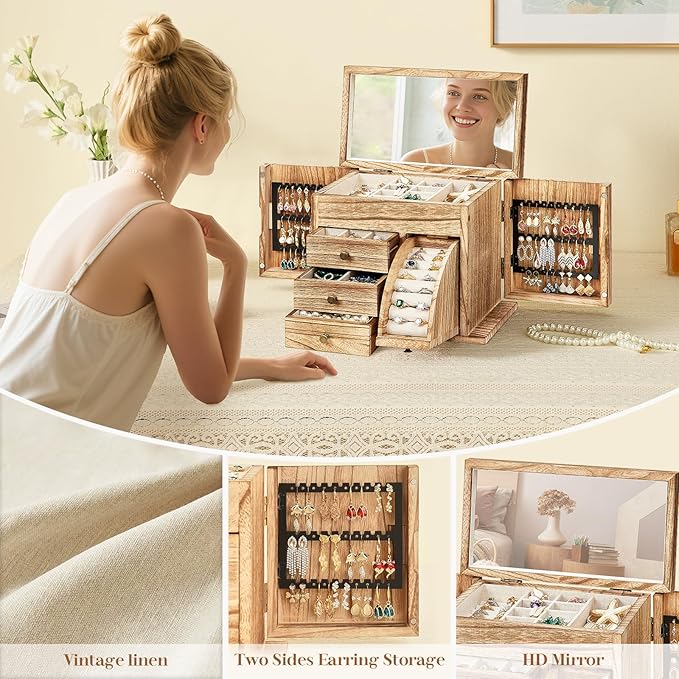 Poyilooo Jewelry Box Organizer, Solid Wood Jewelry Boxes fow Women with Mirror, Double Layer Jewelry Organizer Box Display Earring Necklace Bracelet Ring, Rustic Style Small Jewelry Box for Girls