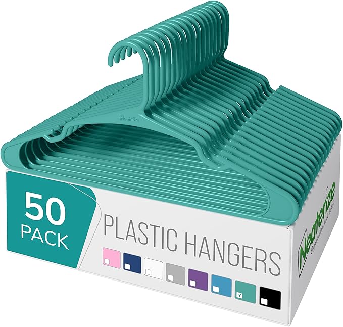 NEATERIZE Clothes Hangers Plastic 50 Pack for Adults - Plastic Hangers, The Perfect Coat Hanger and Space Saving Clothes Hangers for Closet, Percheros Ganchos para Colgar Ropa Hangars - Hangers
