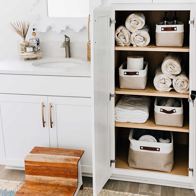 OrganiHaus Small Fabric Storage Baskets 3 Pack, 12x8in Cloth Storage Bins for Shelves, Small Baskets for Organizing Pantry Closet, Canvas Shelf Baskets, Beige/Off-White