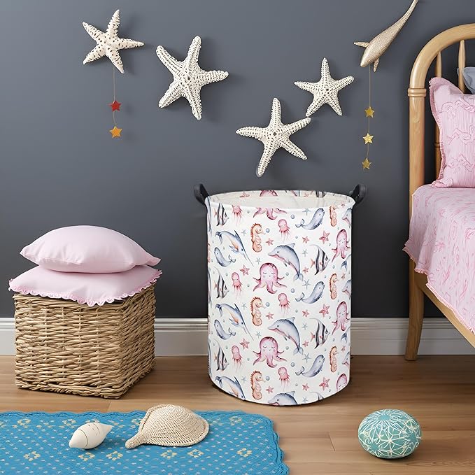 HIYAGON Baby Laundry Basket Baby Hamper for Nursery Girl Kids Ocean Hamper Cute Kids Toys Storage Bin Organizer Pink Room Decor for Home(Pink Ocean)