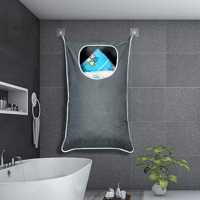 XL Hanging Laundry Hamper, Over the Door Laundry Hamper and Baskets, Wide Opening Hanging Laundry Bag, Hanging Hamper for Bathroom,Dorm,Laundry Room,Camper,Chrismast Gift(Grey-2Pack)