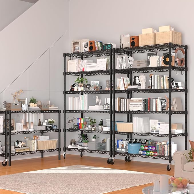PrimeZone 6 Tier Wire Shelving with Wheels 79''H 1500lbs Storage Shelves NSF Certified Heavy Duty Steel Metal Shelf Adjustable Rolling Rack Kitchen Garage Closet Pantry Laundry 79''HX36''WX16''D 2Pcs