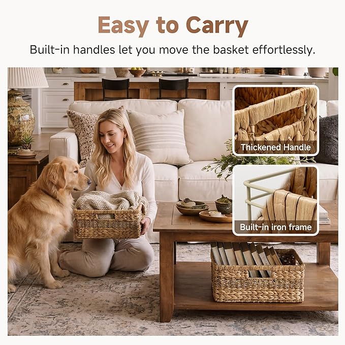 StorageWorks Large Rectangular Wicker Basket, Water Hyacinth and Seagrass Storage Basket with Built-in Handles, 1 Pack